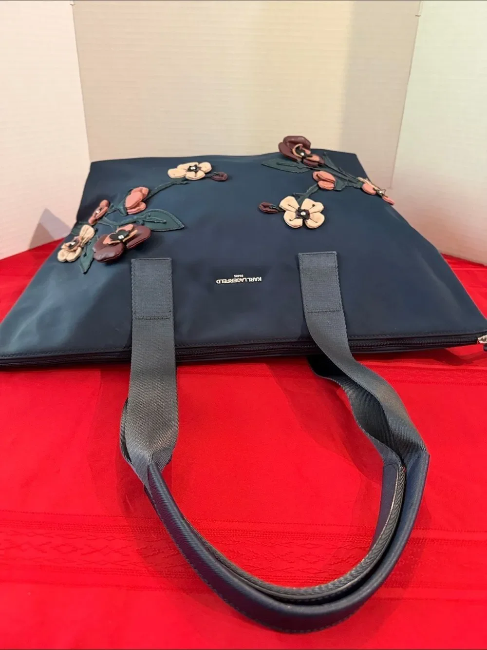 Karl Lagerfeld Navy Tote with Floral Appliqués & Inside Pockets